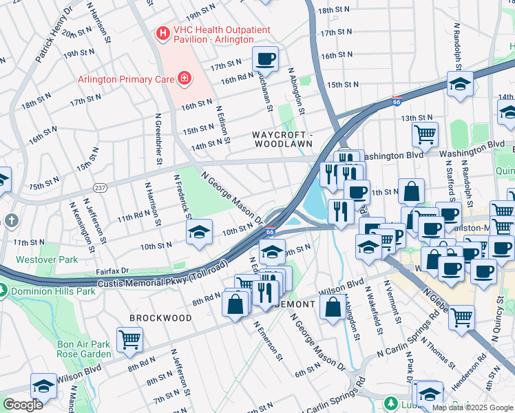map of restaurants, bars, coffee shops, grocery stores, and more near 1059 North George Mason Drive in Arlington
