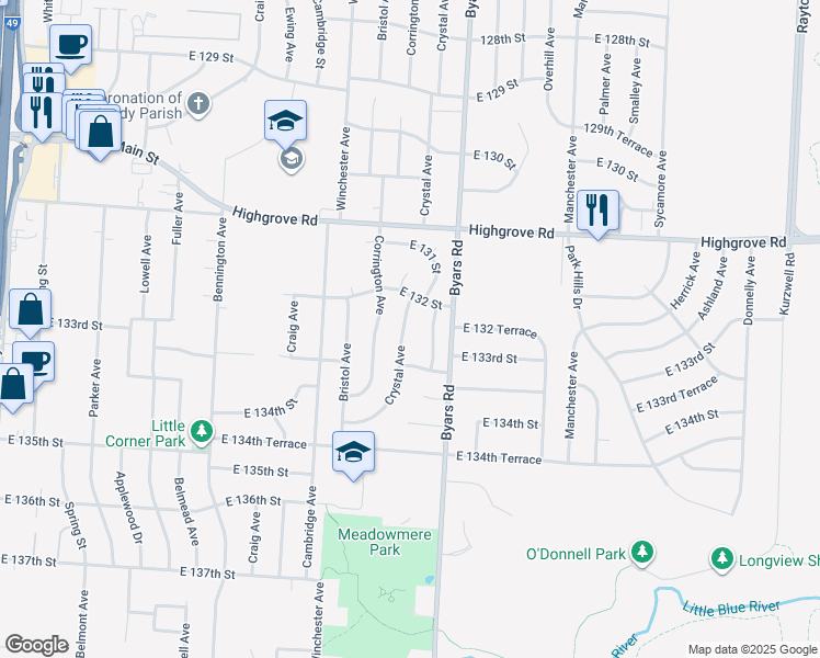 map of restaurants, bars, coffee shops, grocery stores, and more near 13207 Crystal Avenue in Grandview