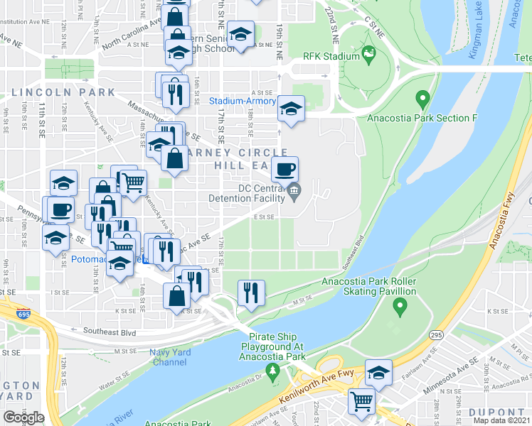 map of restaurants, bars, coffee shops, grocery stores, and more near 1801 Potomac Avenue Southeast in Washington