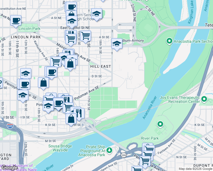 map of restaurants, bars, coffee shops, grocery stores, and more near 1801 Potomac Avenue Southeast in Washington