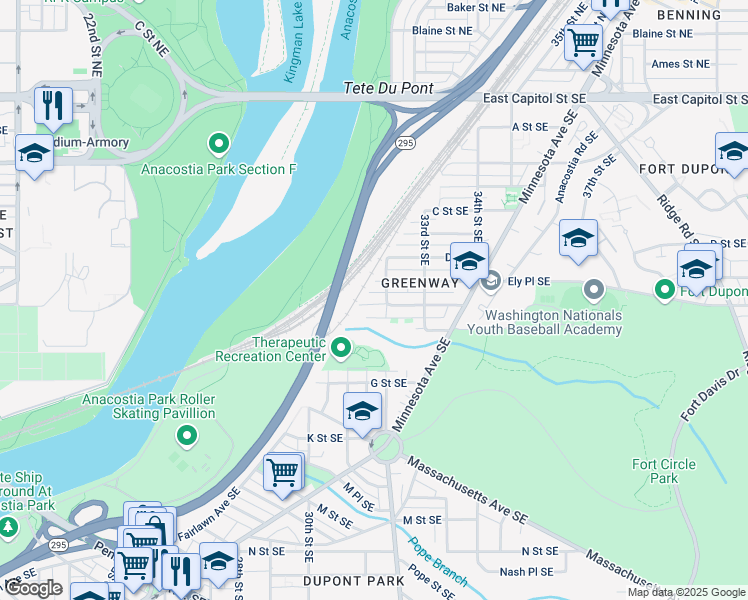 map of restaurants, bars, coffee shops, grocery stores, and more near 3116 E Street Southeast in Washington
