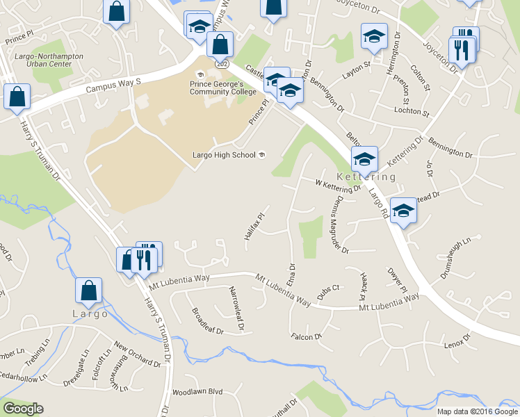 map of restaurants, bars, coffee shops, grocery stores, and more near 507 Halifax Place in Upper Marlboro
