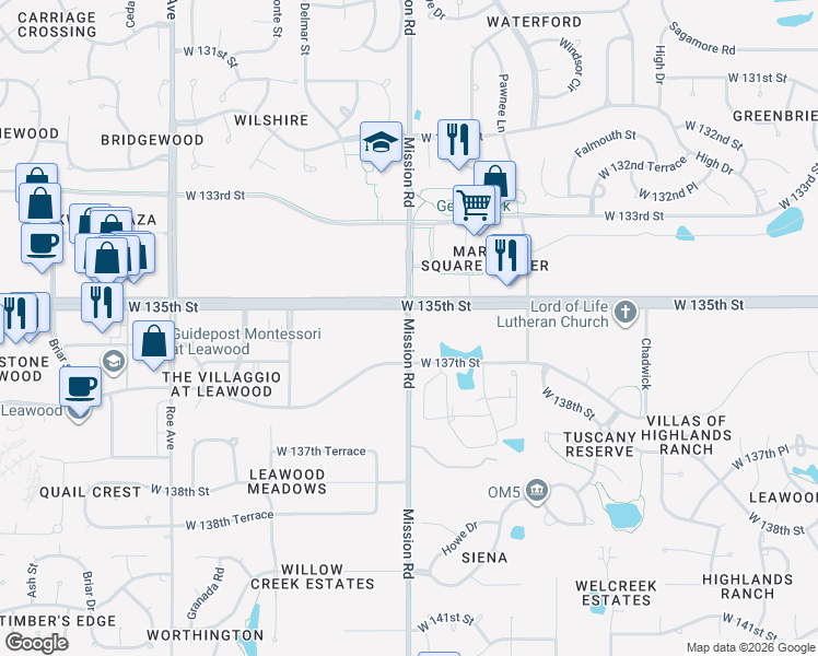 map of restaurants, bars, coffee shops, grocery stores, and more near 13537 Mission Road in Leawood