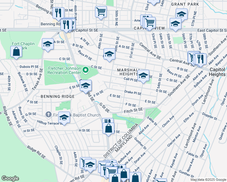 map of restaurants, bars, coffee shops, grocery stores, and more near 5015 Drake Place Southeast in Washington