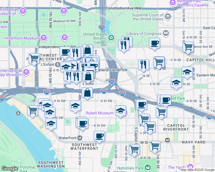 map of restaurants, bars, coffee shops, grocery stores, and more near in Washington