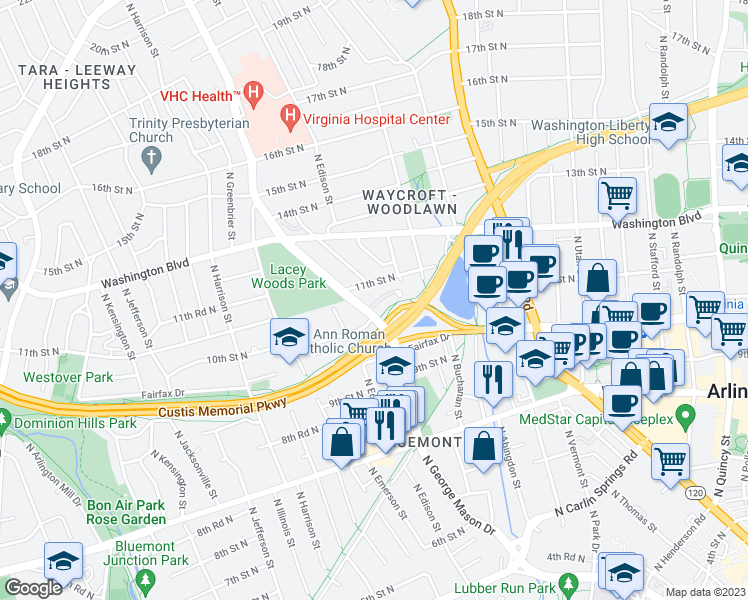 map of restaurants, bars, coffee shops, grocery stores, and more near 1059 North George Mason Drive in Arlington