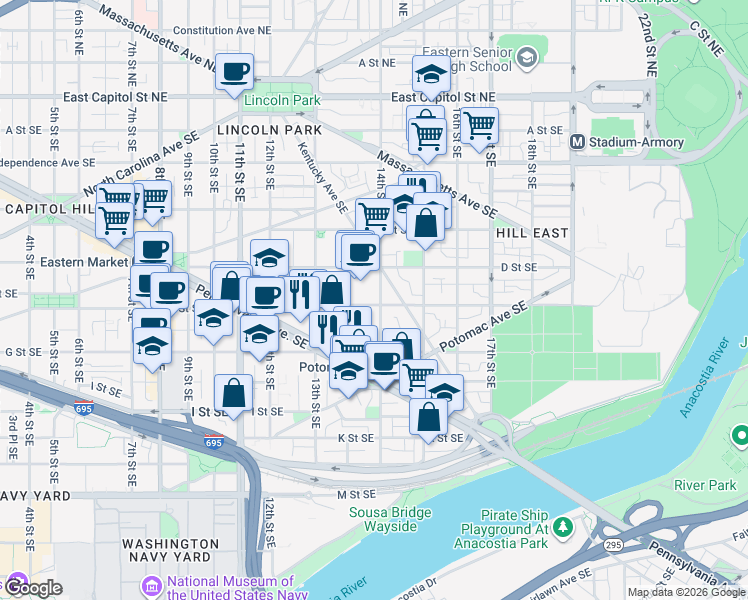 map of restaurants, bars, coffee shops, grocery stores, and more near 101 Independence Avenue Southeast in Washington