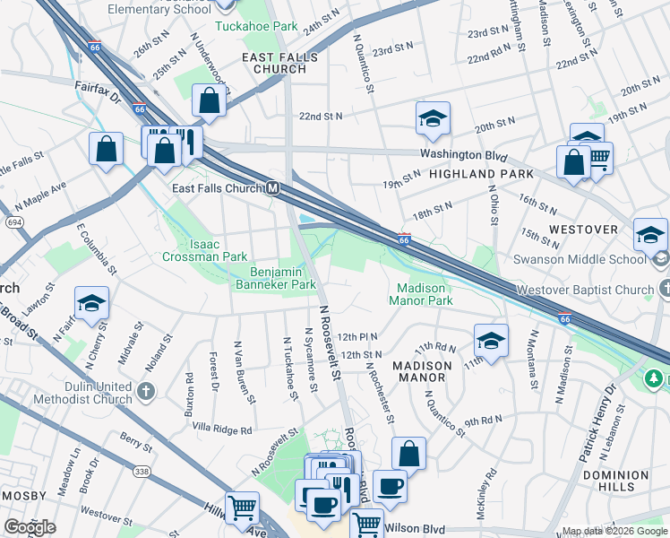 map of restaurants, bars, coffee shops, grocery stores, and more near 1709 Roosevelt Street in Arlington