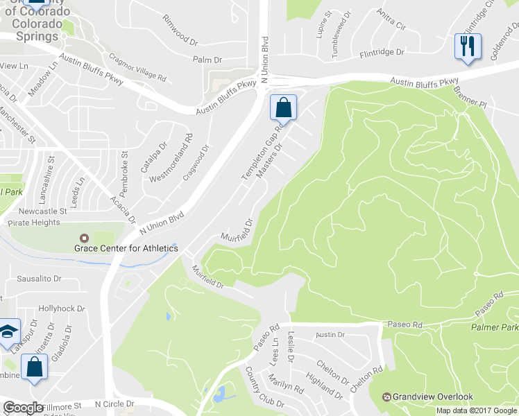 map of restaurants, bars, coffee shops, grocery stores, and more near 3515 Muirfield Drive in Colorado Springs