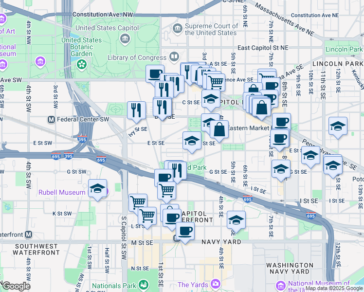 map of restaurants, bars, coffee shops, grocery stores, and more near 151 E Street Southeast in Washington