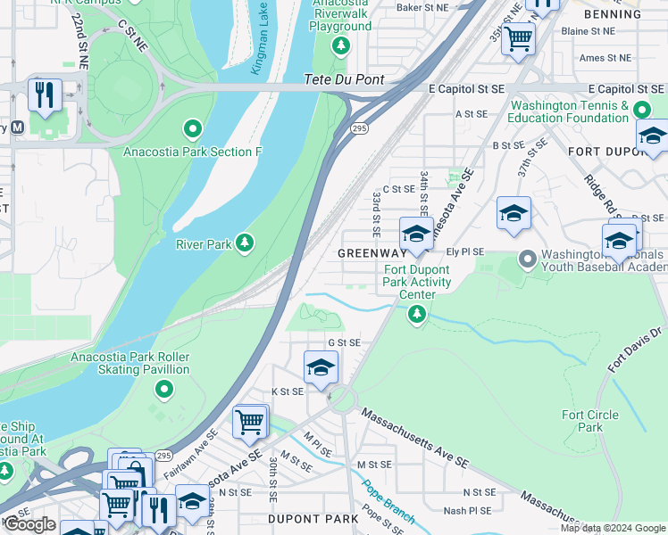 map of restaurants, bars, coffee shops, grocery stores, and more near 3118 E Street Southeast in Washington