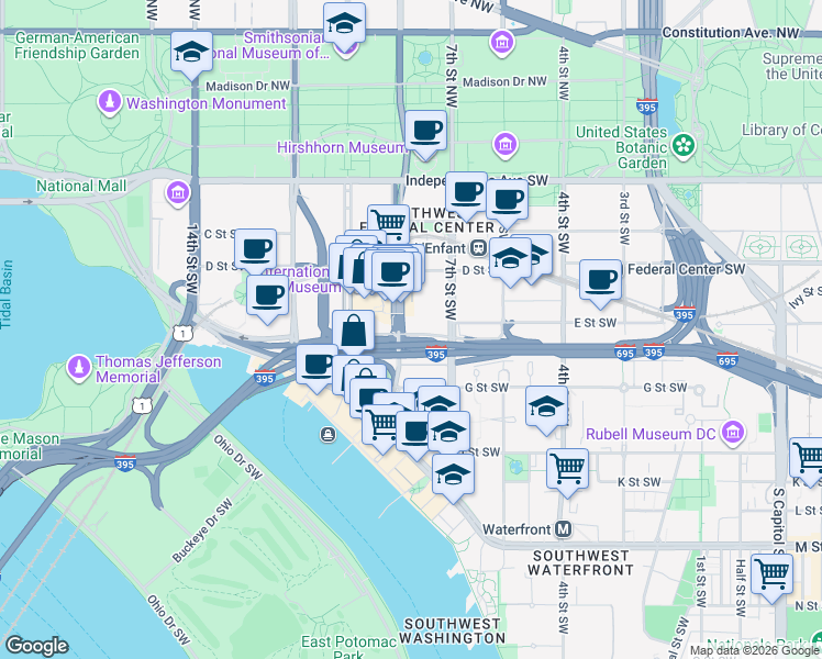 map of restaurants, bars, coffee shops, grocery stores, and more near 875 Frontage Road Southwest in Washington