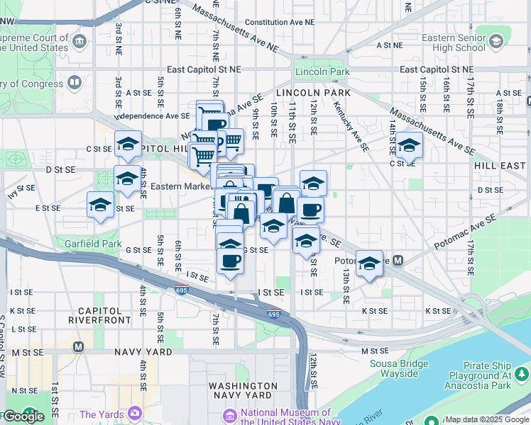 map of restaurants, bars, coffee shops, grocery stores, and more near 921 Pennsylvania Avenue Southeast in Washington
