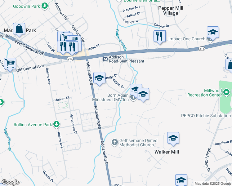 map of restaurants, bars, coffee shops, grocery stores, and more near 423 Saint Margarets Drive in Capitol Heights