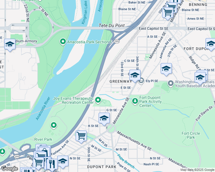 map of restaurants, bars, coffee shops, grocery stores, and more near 3116 E Street Southeast in Washington