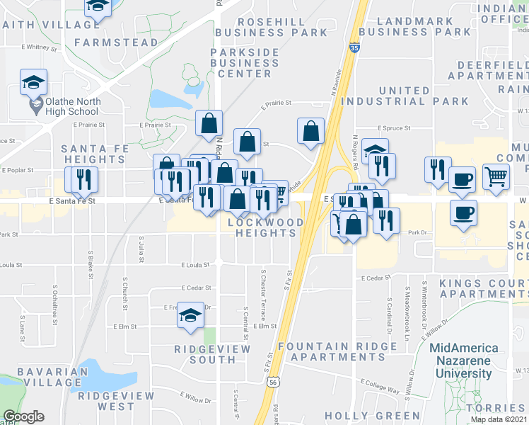 map of restaurants, bars, coffee shops, grocery stores, and more near 123 North Chester Street in Olathe