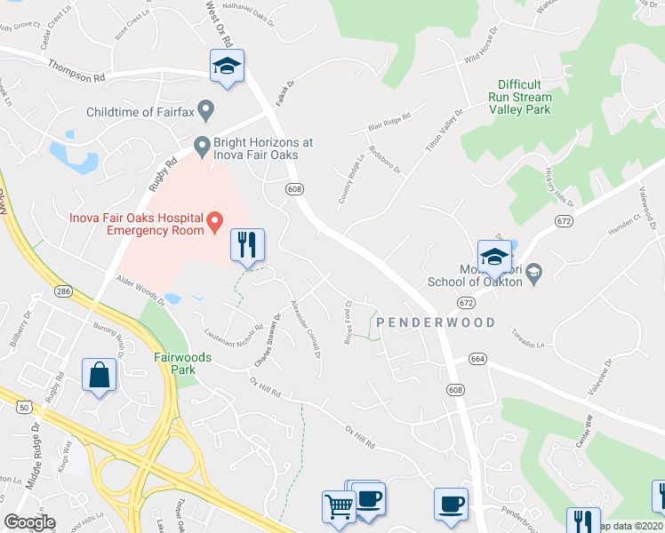 map of restaurants, bars, coffee shops, grocery stores, and more near 12402 Washington Brice Road in Fairfax