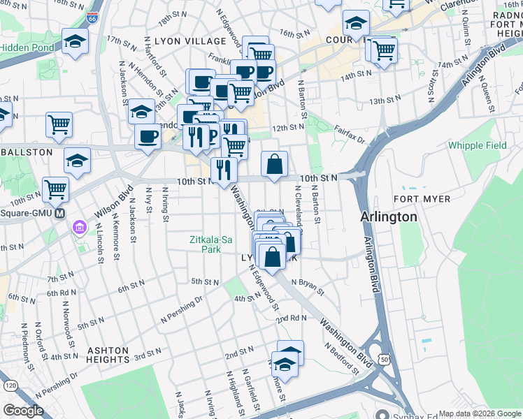 map of restaurants, bars, coffee shops, grocery stores, and more near 900 North Daniel Street in Arlington
