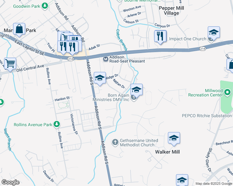 map of restaurants, bars, coffee shops, grocery stores, and more near 423 Saint Margarets Drive in Capitol Heights