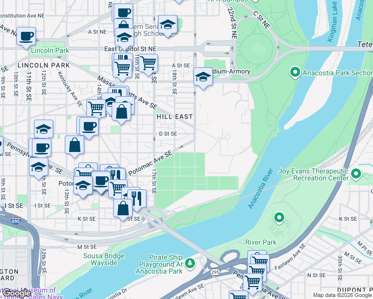 map of restaurants, bars, coffee shops, grocery stores, and more near 101 Independence Avenue Southeast in Washington