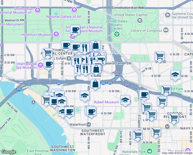 map of restaurants, bars, coffee shops, grocery stores, and more near 300 E Street Southwest in Washington