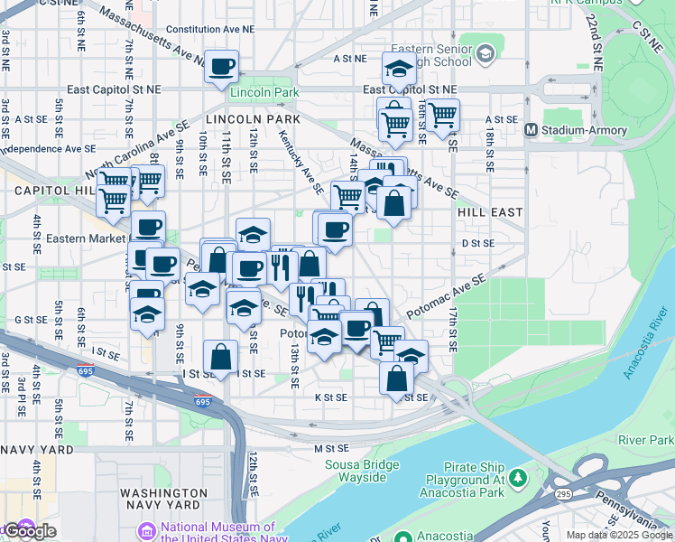 map of restaurants, bars, coffee shops, grocery stores, and more near 1350 E Street Southeast in Washington