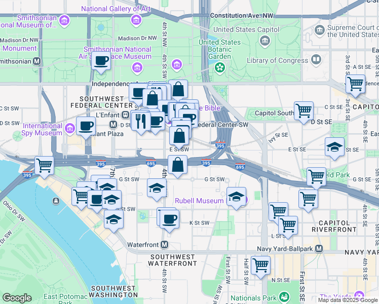 map of restaurants, bars, coffee shops, grocery stores, and more near 300 E Street Southwest in Washington