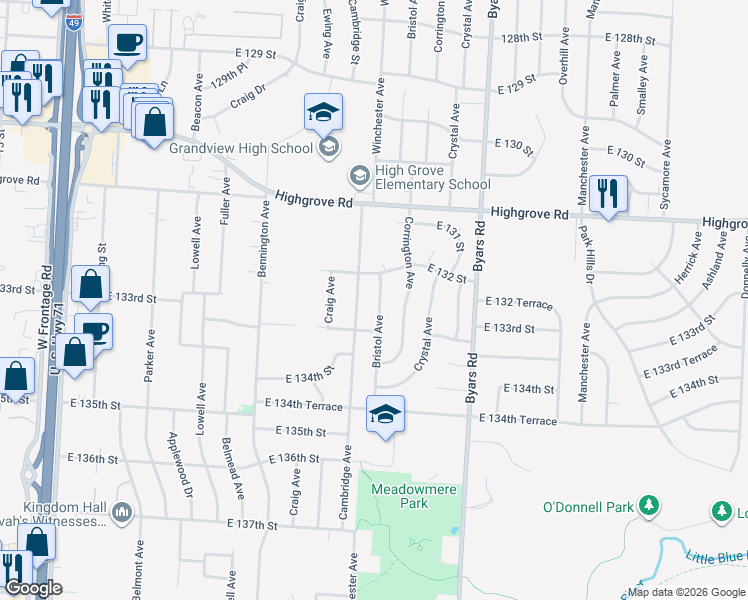 map of restaurants, bars, coffee shops, grocery stores, and more near 13206 Bristol Ave in Grandview