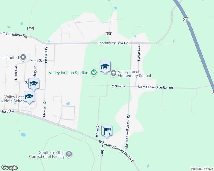 map of restaurants, bars, coffee shops, grocery stores, and more near Morris Lane in Lucasville