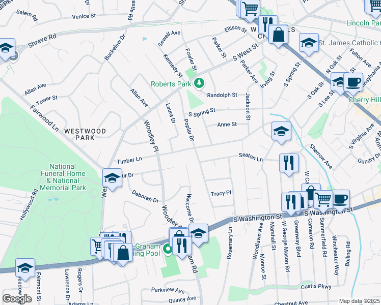 map of restaurants, bars, coffee shops, grocery stores, and more near 703 Timber Lane in Falls Church