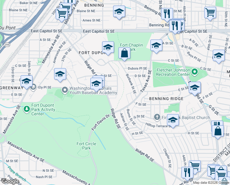 map of restaurants, bars, coffee shops, grocery stores, and more near 4028 E Street Southeast in Washington