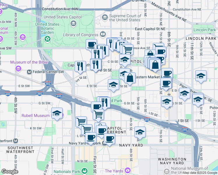 map of restaurants, bars, coffee shops, grocery stores, and more near 155 E Street Southeast in Washington