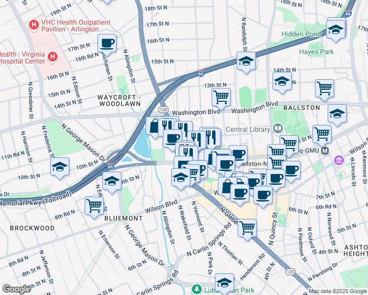 map of restaurants, bars, coffee shops, grocery stores, and more near 1005 North Glebe Road in Arlington