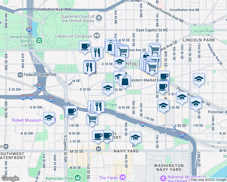 map of restaurants, bars, coffee shops, grocery stores, and more near 501 3rd Street Southeast in Washington