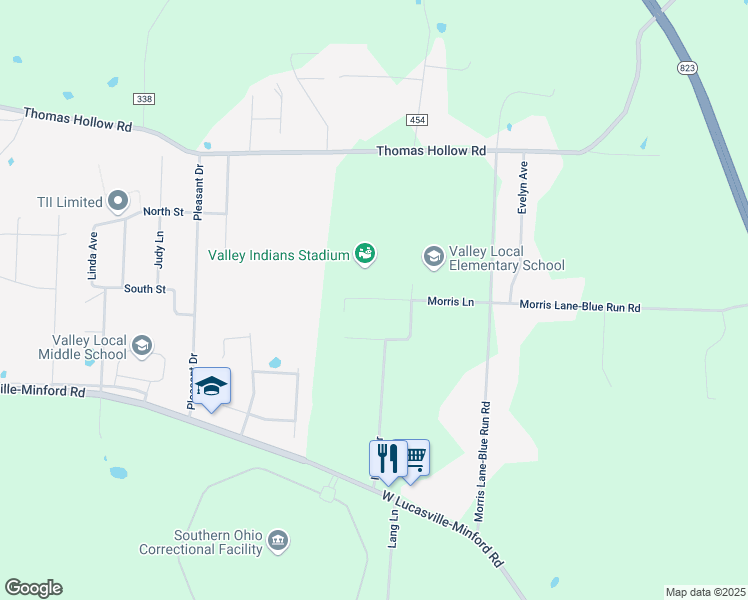 map of restaurants, bars, coffee shops, grocery stores, and more near Morris Lane in Lucasville