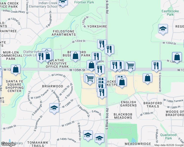 map of restaurants, bars, coffee shops, grocery stores, and more near 15225 West 135th Street in Olathe