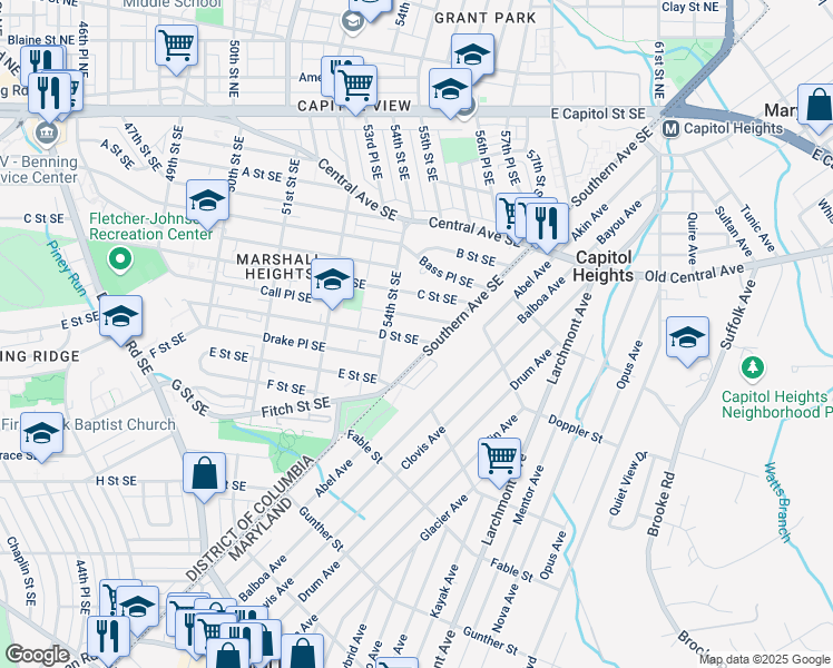 map of restaurants, bars, coffee shops, grocery stores, and more near 5416 D Street Southeast in Washington