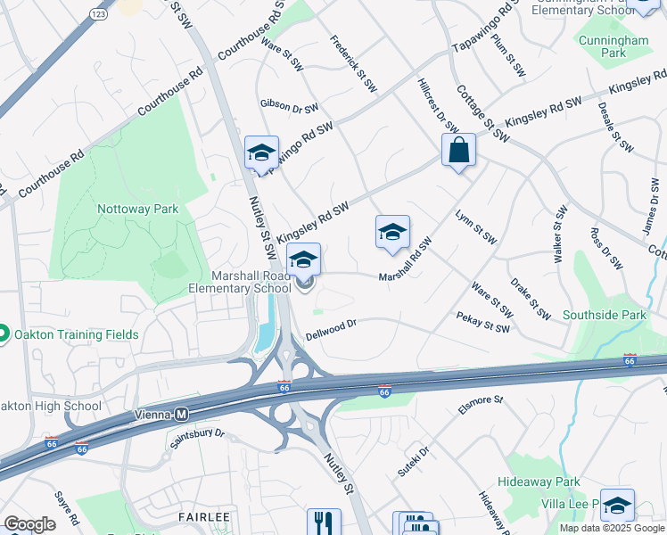 map of restaurants, bars, coffee shops, grocery stores, and more near 1000 Rachel Lane Southwest in Vienna