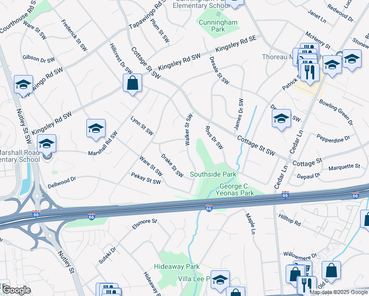 map of restaurants, bars, coffee shops, grocery stores, and more near 1101 Walker Circle Southwest in Vienna