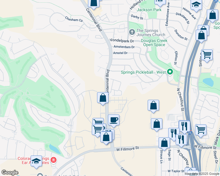 map of restaurants, bars, coffee shops, grocery stores, and more near 3645 Rialto Heights in Colorado Springs