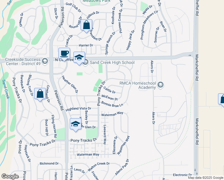map of restaurants, bars, coffee shops, grocery stores, and more near 7089 Cattle Drive in Colorado Springs