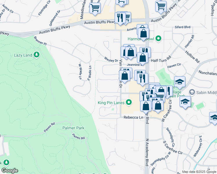 map of restaurants, bars, coffee shops, grocery stores, and more near 3526 Van Teylingen Drive in Colorado Springs