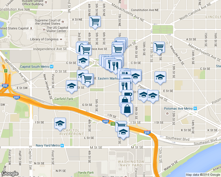 map of restaurants, bars, coffee shops, grocery stores, and more near 101 Independence Avenue Southeast in Washington