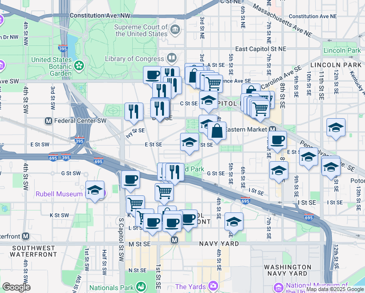 map of restaurants, bars, coffee shops, grocery stores, and more near 155 E Street Southeast in Washington
