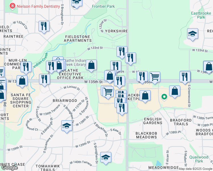 map of restaurants, bars, coffee shops, grocery stores, and more near 15257 West 135th Street in Olathe