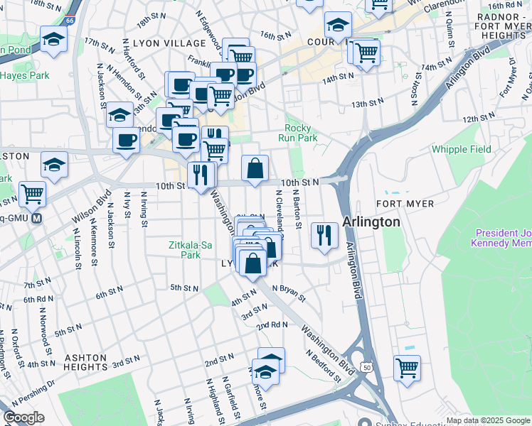 map of restaurants, bars, coffee shops, grocery stores, and more near 2615 9th Street North in Arlington