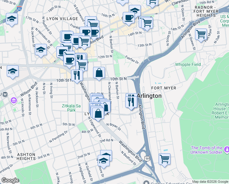 map of restaurants, bars, coffee shops, grocery stores, and more near 2507 9th St N in Arlington