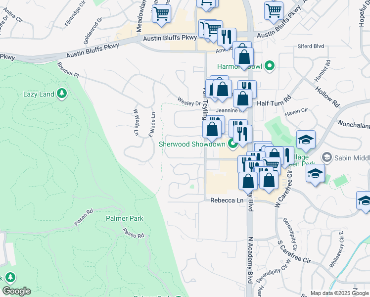 map of restaurants, bars, coffee shops, grocery stores, and more near 3526 Van Teylingen Drive in Colorado Springs