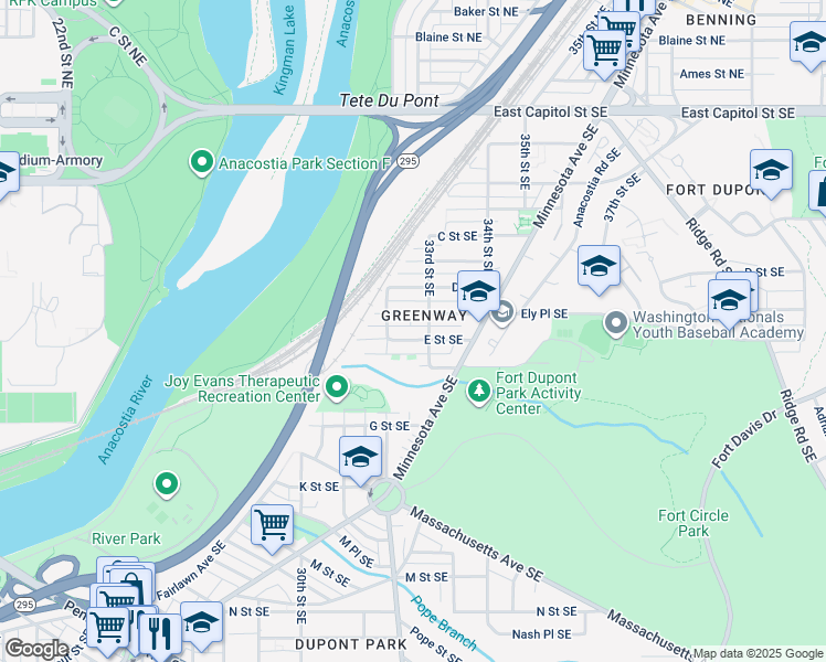 map of restaurants, bars, coffee shops, grocery stores, and more near 3224 E Street Southeast in Washington