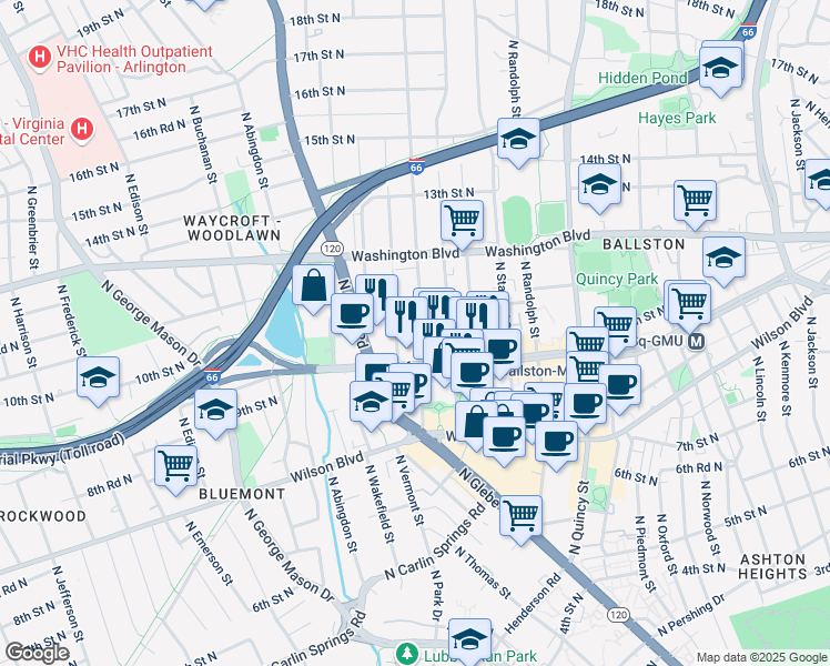 map of restaurants, bars, coffee shops, grocery stores, and more near 1024 North Utah Street in Arlington